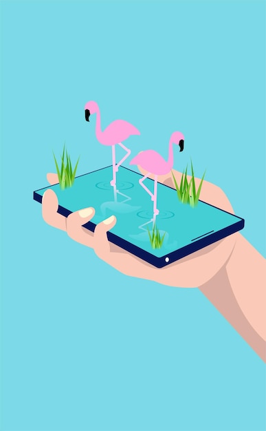 Hand holding a phone with 3D habitat of flamingo illustration on the screen