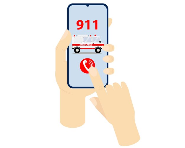 Hand holding phone with ambulance icon and call symbol on white background Flat style illustration