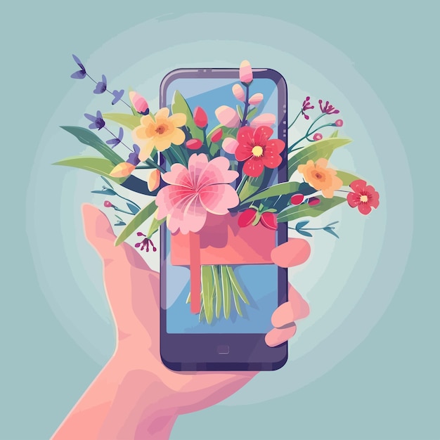 Vector a hand holding a phone with flowers and a picture of flowers