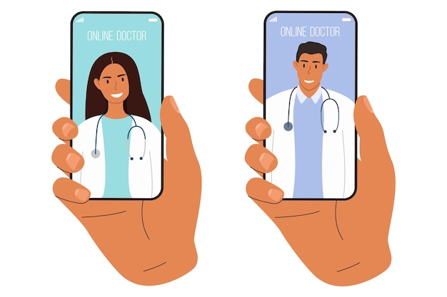 A hand holding a phone with a male or female doctor on the screen. Online consultation.