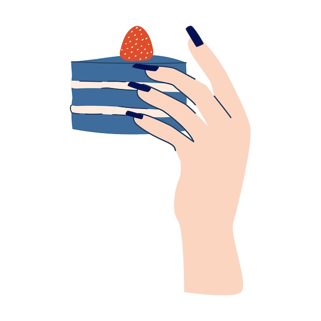 Vector hand holding a piece of cake, long colored nails, girl, female palm, modern flat style, isolated