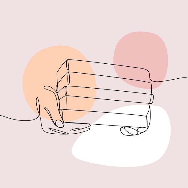 Hand holding pile of books in continuous line art style