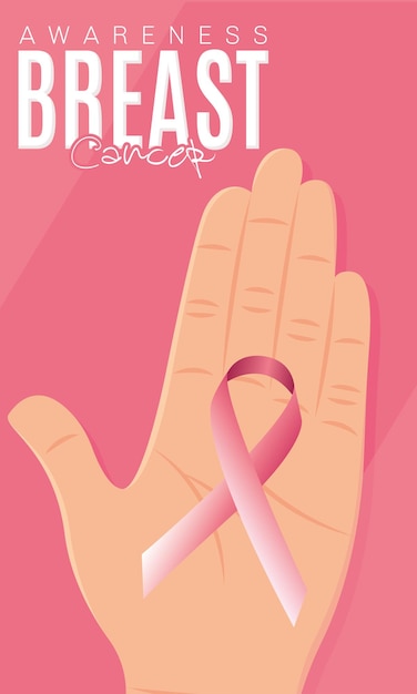 Hand holding pink ribbon Breast cancer poster Vector illustration