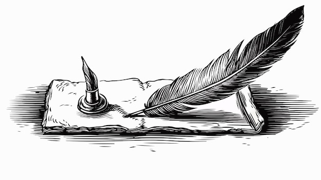 Vector hand holding quill feather pen writing on paper