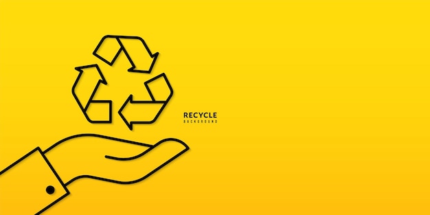 Hand holding recycle symbol thin line design on yellow background Save the planet and energy concept