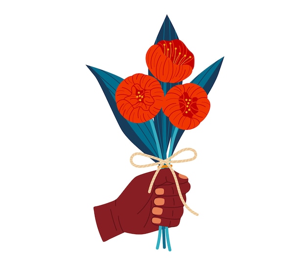 Hand holding red flowers with dark blue leaves and a straw bow tie gift of flowers botanical flat