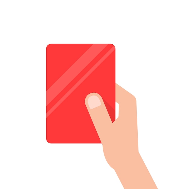 Hand holding red football card. concept of arbitrator, removal of a football field, mentor, breaking of rules, presentation. flat style trend modern design vector illustration on white background