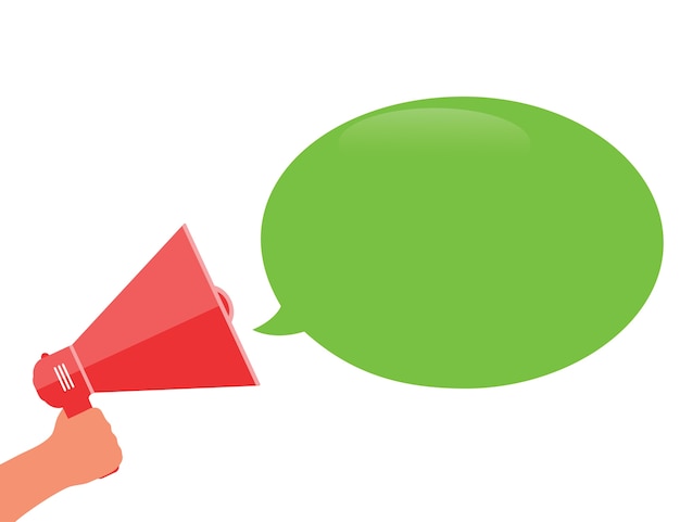 Hand holding a red megaphone with green speech bubble