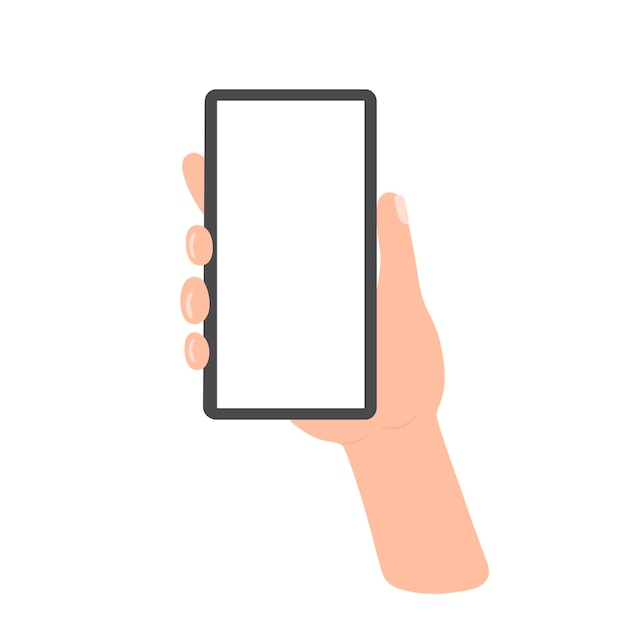 Hand holding smart phone. Vector illustration isolated on white background.