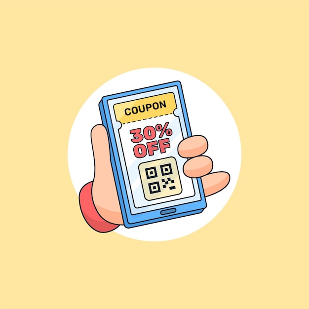 Hand holding smart phone with online voucher coupon ticket on screen with barcode vector illustration for social media online shop marketing promotion