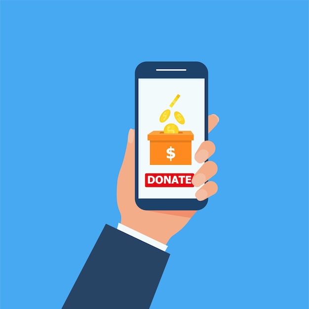 Hand holding smartphone and making online donation Putting money in to the donation box in flat design