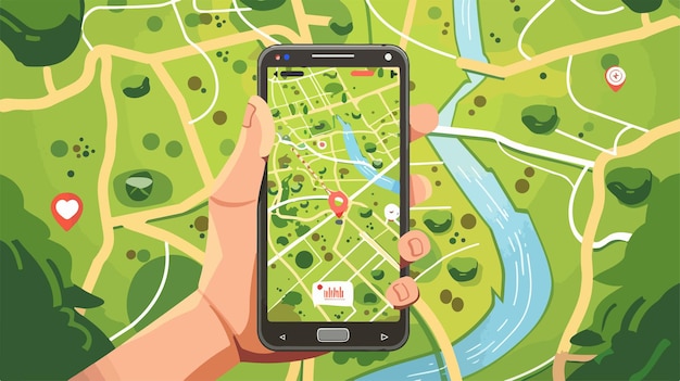 Vector hand holding smartphone with character and map on screen