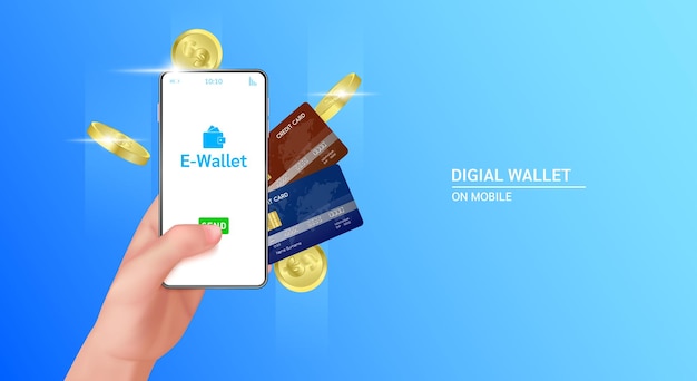 Hand holding smartphone with Digital wallet application. Credit card and coin.