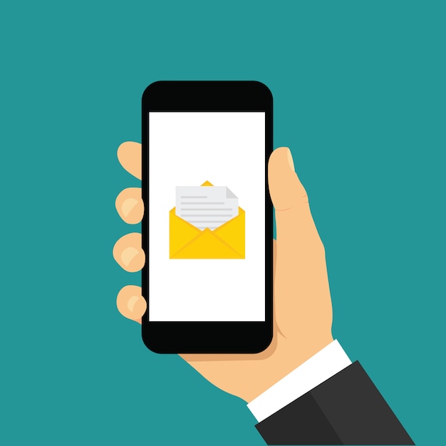 Hand holding smartphone with email icon  Flat style