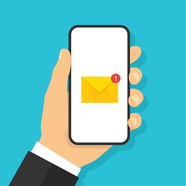 Hand holding smartphone with email icon  Flat style