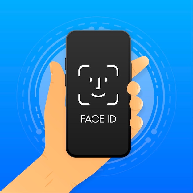 Hand holding smartphone with face recognition Mobile face id concept Vector illustration