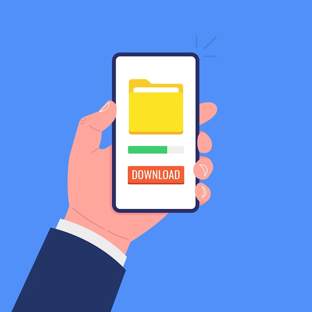 Hand holding smartphone with file download button on the screen. Downloading process concept. 