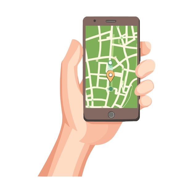 Vector hand holding a smartphone with a map on the phone screen