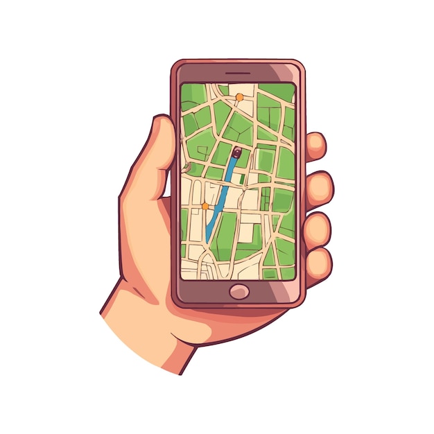 Vector hand holding a smartphone with a map on the phone screen