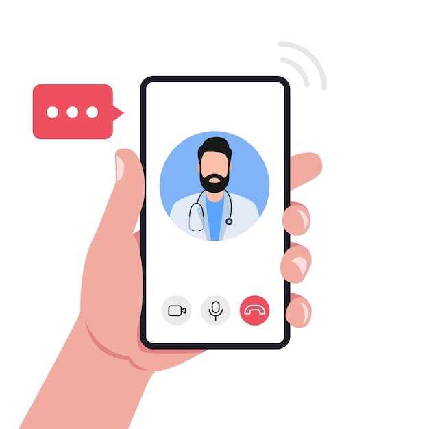 Hand holding smartphone with online doctor consultation on screen Concept of online medicine Male bearded doctor avatar on screen Vector illustrationxA