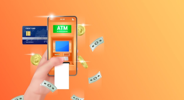 Hand holding smartphone with online payment app Credit card and coin Teller machine 24 hour