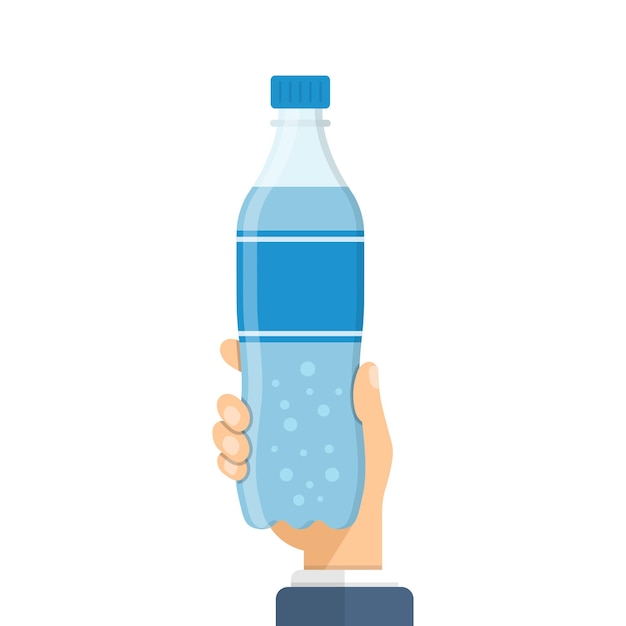 Hand holding soda drink icon in flat style Plastic bottle vector illustration on isolated background Water beverage sign business concept