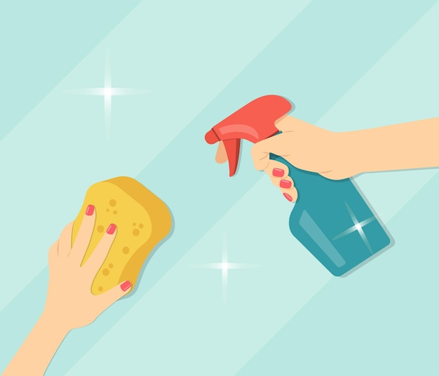 Hand holding sponge and detergent. Washing windows. Flat vector illustration