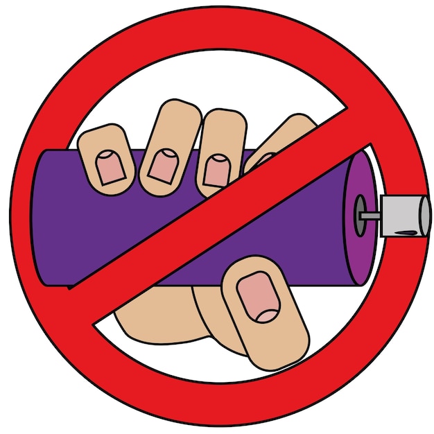 Hand holding a spray can prohibition sign isolated on white background in cartoon style in vector graphic