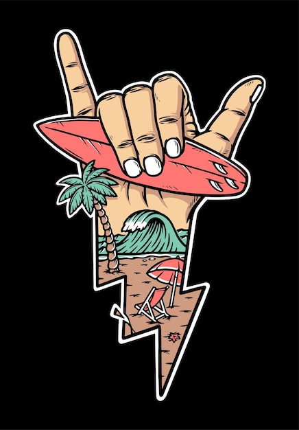 A hand holding a surfboard with a surfboard and a beach on it.