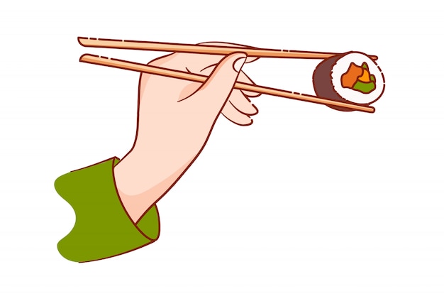 Hand holding sushi roll with pair of wooden chopsticks