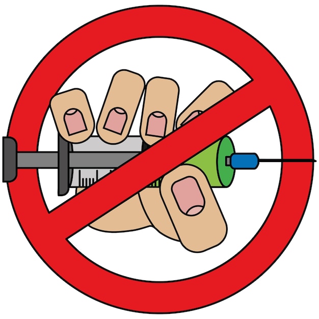 Hand holding syringe with drugs forbidden stop sign isolated on white background in cartoon style in vector graphic