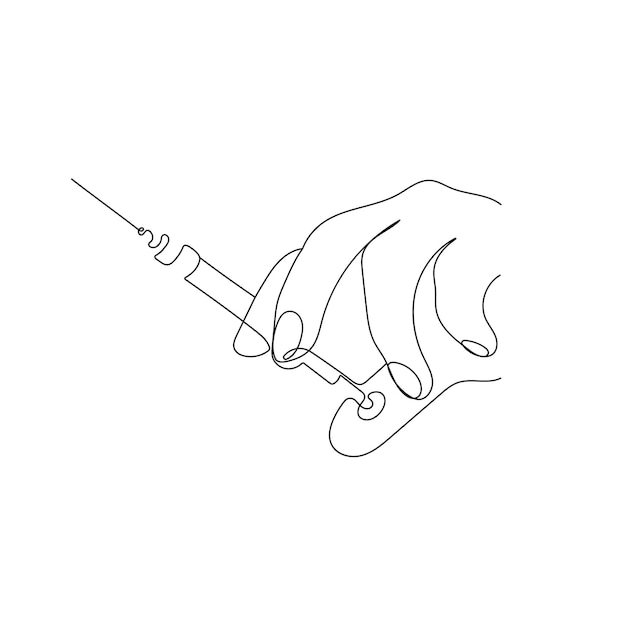 Hand holding syringe with needle One line art Vaccination health care injection Medical concept