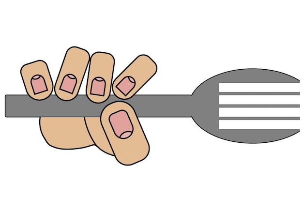 Hand holding a table fork isolated on white background in cartoon style in vector graphic