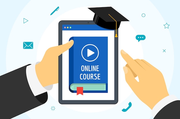 Hand holding tablet with online course blue cover book. Distance education concept with play video button and graduation cap. E-learning studying and internet teaching banner vector illustration flat