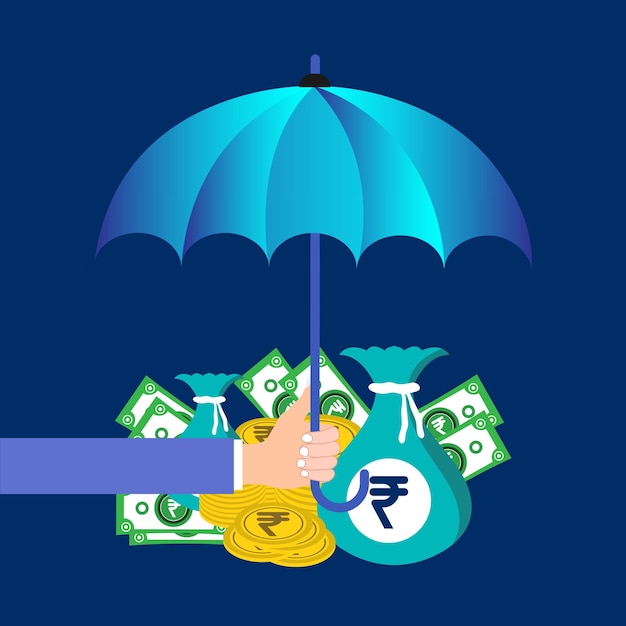 Hand holding umbrella Safe and secure Indian Rupee investments concept