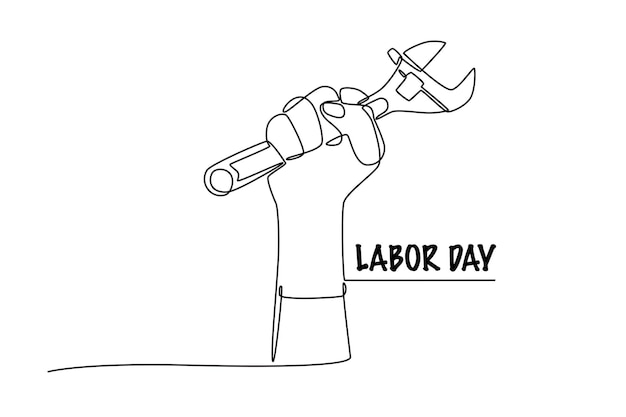 Vector hand holding a wrench labor day concept oneline drawing