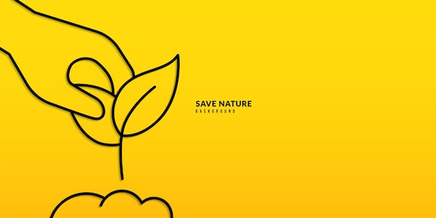 Hand holding young plant on yellow background Pollution and environment protection concept