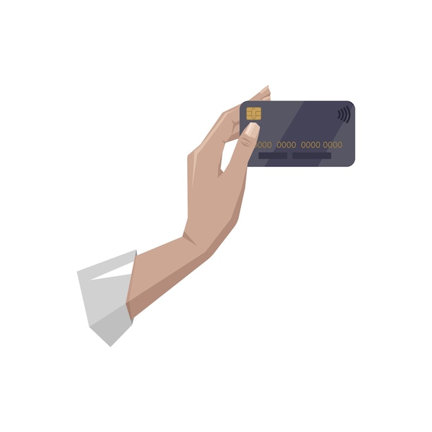 The hand holds black plastic payment Bank card credit debit Flat color isolated illustration