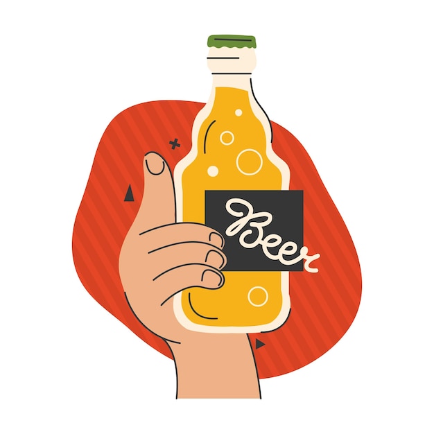 Hand holds a bottle of beer Oktoberfest Festival banner or poster Have a beer with your friends Sticker Alcoholic cold drink for the holiday Hand drawn vector illustration in cartoon style