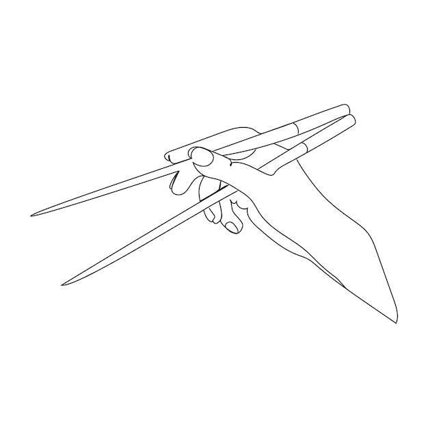 Hand holds chopsticks vector sketch illustration. Asian traditional cutlery.Continuous line drawing