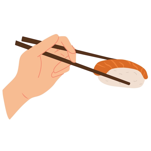 hand holds a chopsticks with sushi sashimi illustration