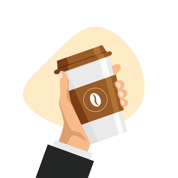 Hand holds coffee cup in trendy flat style. Design element for your advertisement. Drink take away.