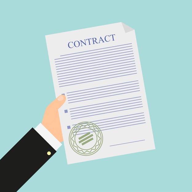 Hand holds contract on blue background vector