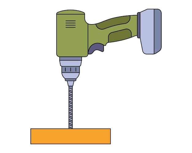 A hand holds a drill and twists a bolt into a tree construction tool for housework