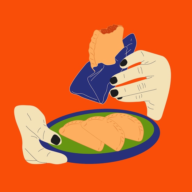 Hand holds empanada. Latin American food empanadas in plate. Vector in cartoon style.