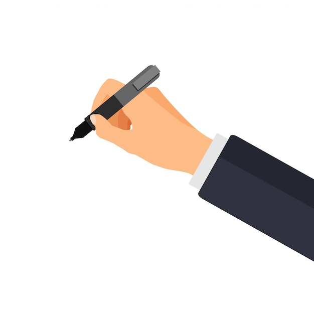 The hand holds a pen in a 3d style. 