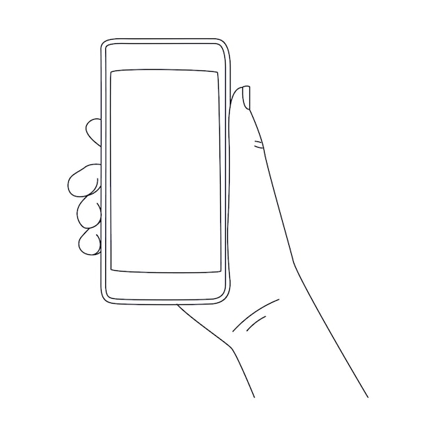 The hand holds the phone Blank screen with empty space Outline doodle Black and white vector illustration isolated on white background