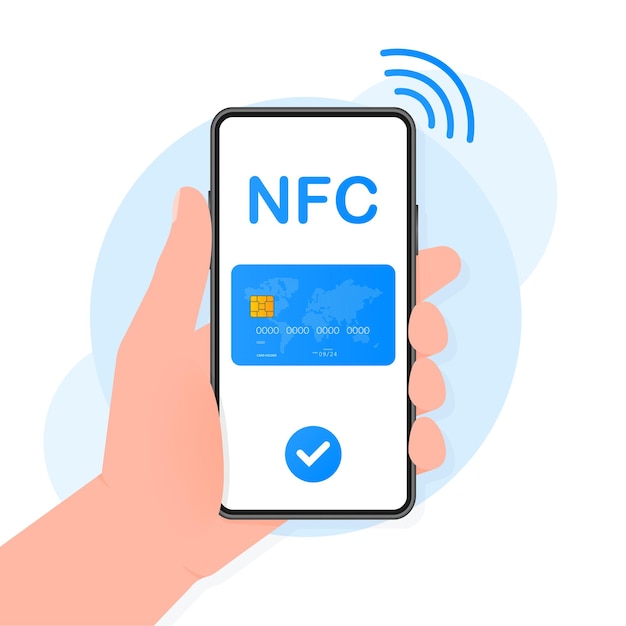 Hand holds phone with Contactless Payment Methods Mobile on blue background