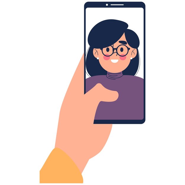 A hand holds a phone with a woman's face