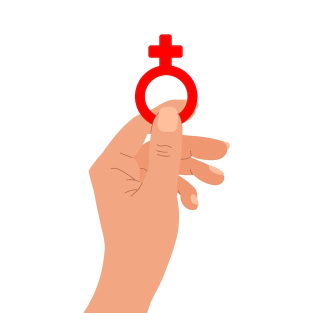 The hand holds a red female symbol. Gender sign of the feminine in hand. Illustration, vector